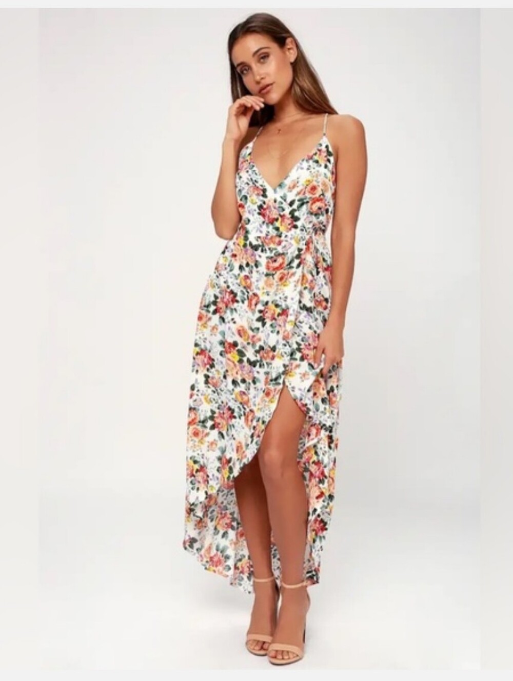 Lulus Lucy Love White Floral Print High-low Wrap Dress Women's S Chic Gardenia